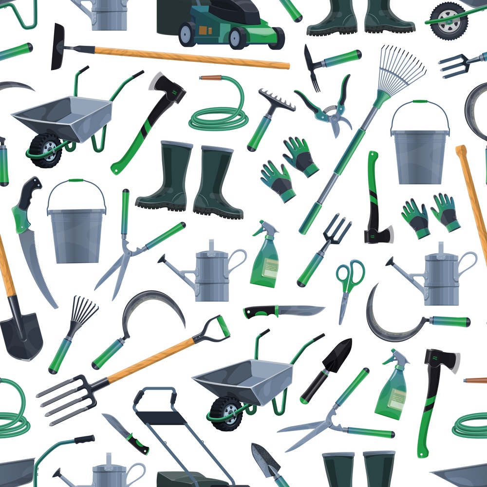 Gardening and farming tools seamless pattern background, vector. Agriculture garden and farm cultivation equipment seamless pattern of rakes and shovel spade, tree secateurs, gardener hoe, lawn mower. Gardening and farming agriculture tools pattern