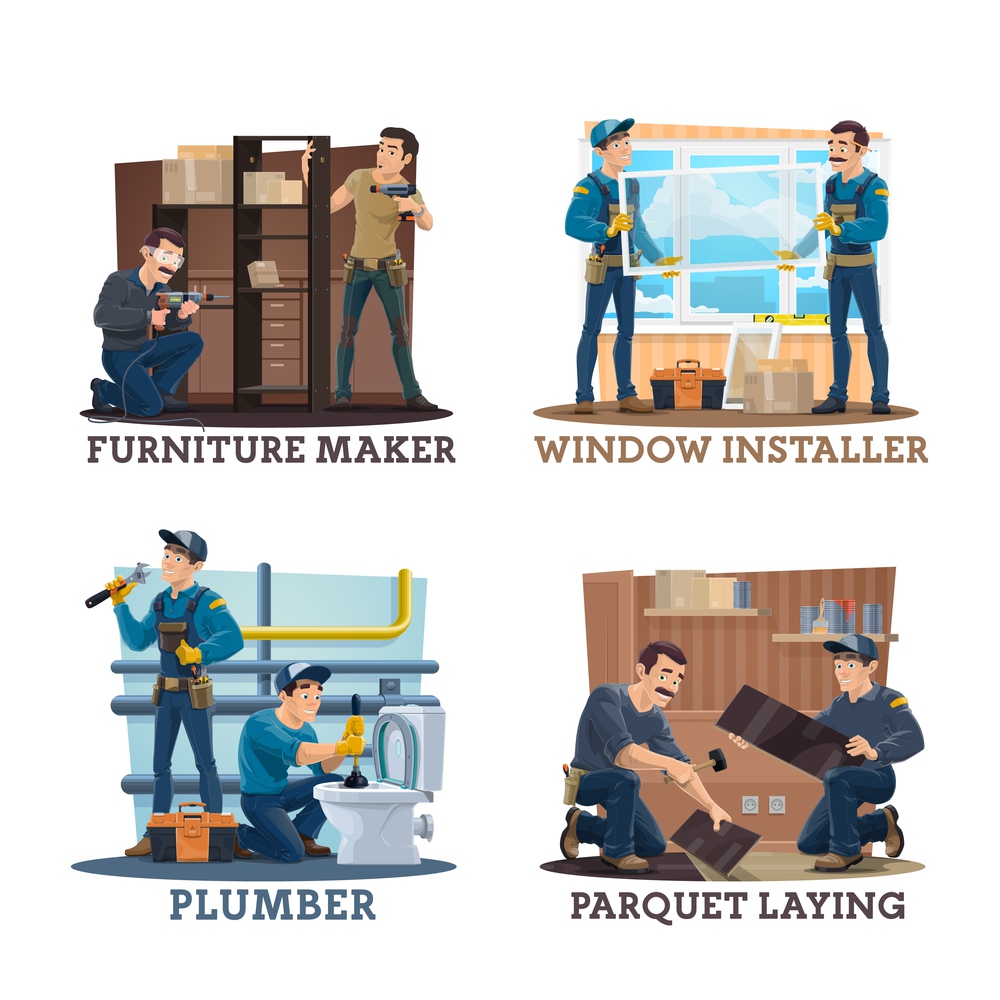 Carpenters, plumbers and furniture makers, vector. Cartoon construction worker characters of carpentry, plumbing, flooring and house repair services working with tools, furniture, pipes, windows. Carpenters, plumbers and furniture makers