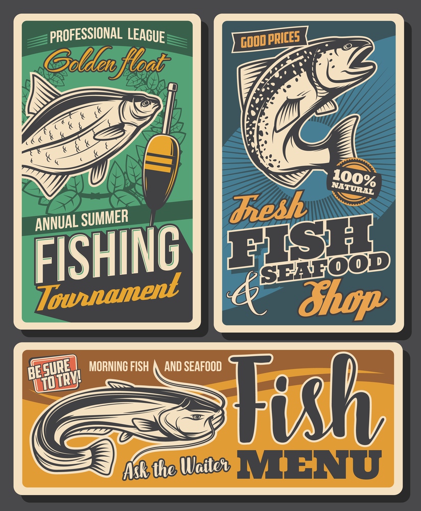 Fishing sport tournament, seafood shop vector banner. Bream, salmon and sheatfish, sport fishing competition catch, rod float or bobber. Fresh seafood store, restaurant fish menu retro poster. Fishing tournament, seafood shop vector banners