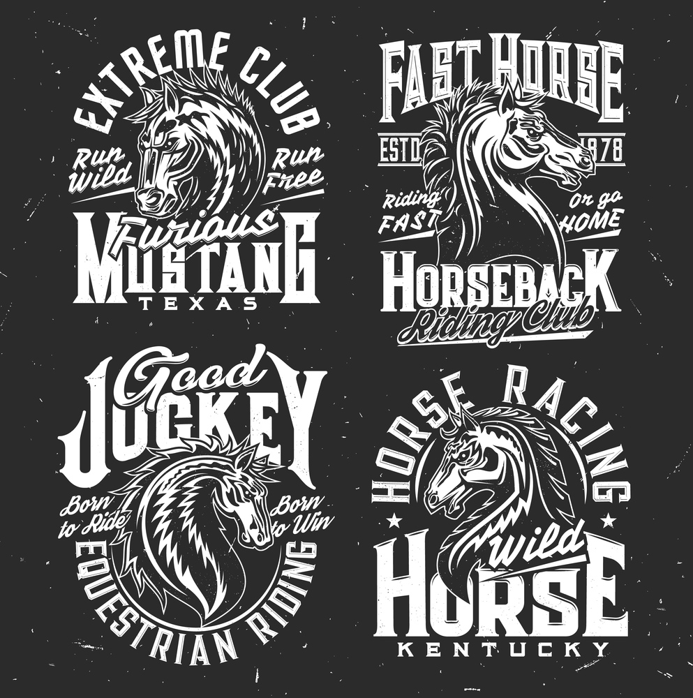 Riding club, jockey and horse polo, race t-shirt prints, vector. Wild horse stallion or mustang symbols of extreme equine riding, Kentucky and Texas equestrian club emblems for t-shirt print. Riding club, jockey, horse polo race t-shirt print