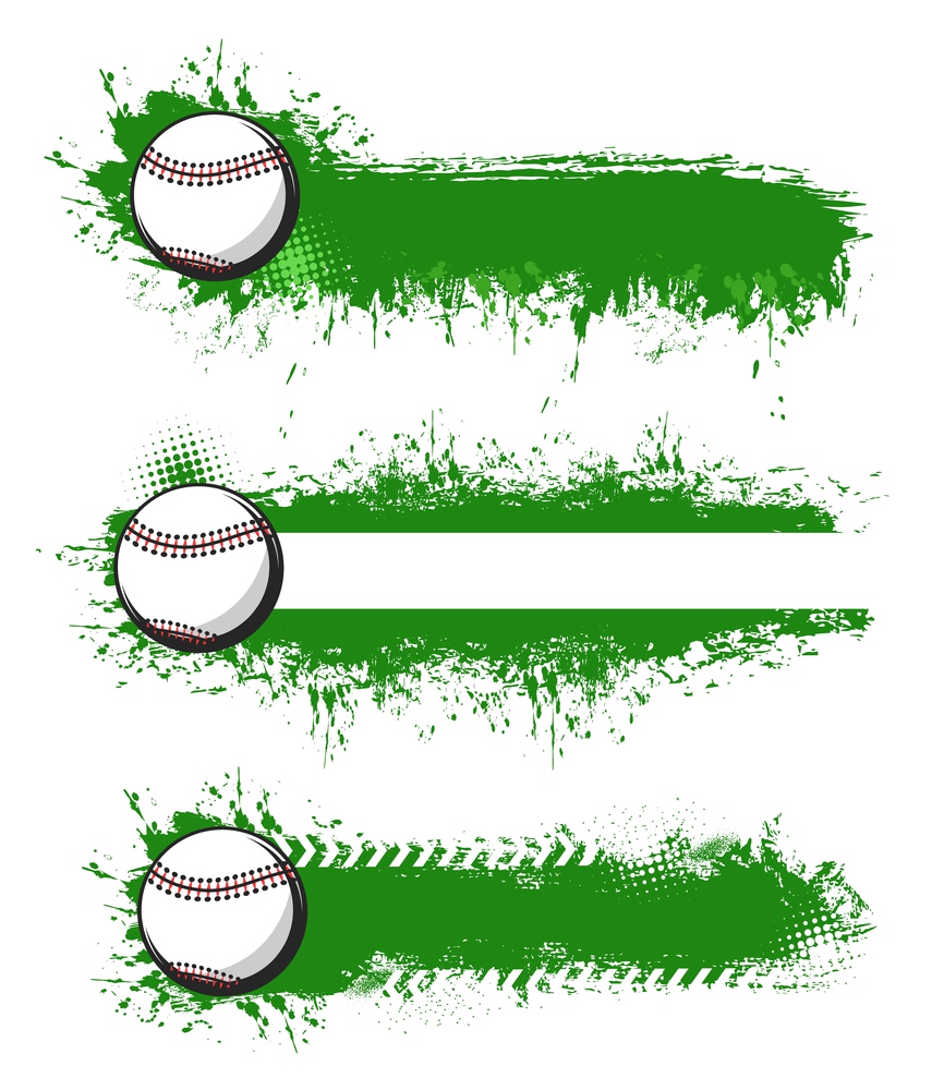 Tennis game grunge tournament banners . Tennis ball with stitch, green paint brushstrokes, smudges and splatters vector texture. Racket sport game competition, championship blank posters or icons. Tennis game tournament vector banners