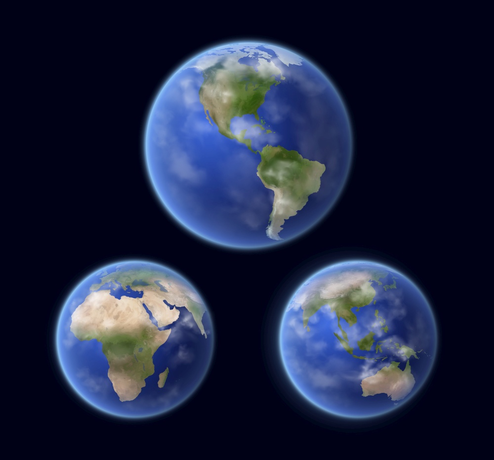 Planet Earth globe surface outer space view, realistic vector. Earth oceans water and continents, atmosphere clouds, Africa, Europe, North and South America, Asia and Australia regions satellite view. Earth Planet surface, space view vector