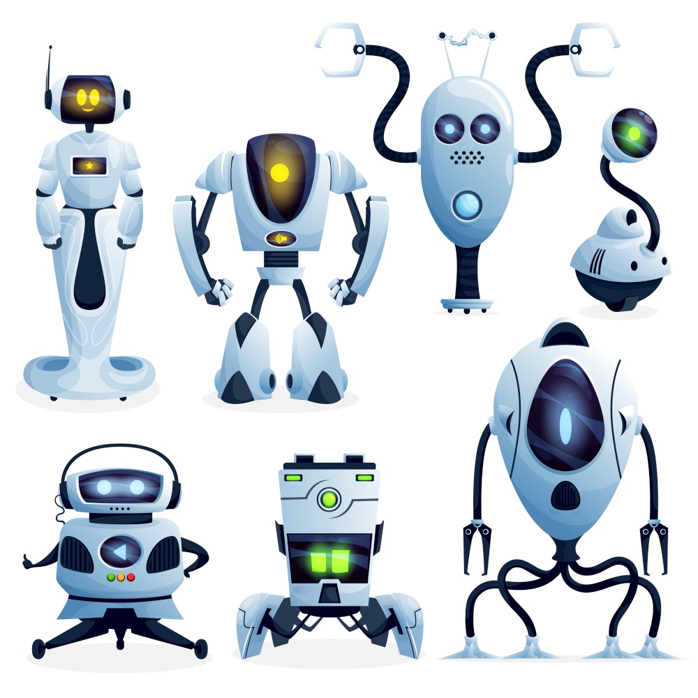 Robots cartoon characters and android bots, vector. Future AI Robot cyborg and droid machines, digital futuristic technology and computer game artificial intelligence, robotic creatures. Robots cartoon characters and android bots
