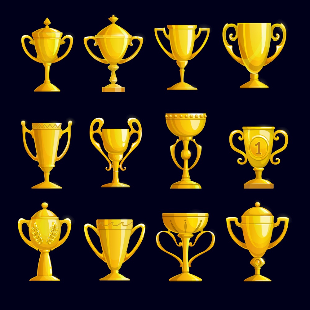 Winner trophy cups. Cartoon vector set of gold champion awards, tournament rewards, golden goblets and bowls with laurel wreath and first place symbol. Achievement prizes and honor gifts. Winner cartoon golden trophy cups