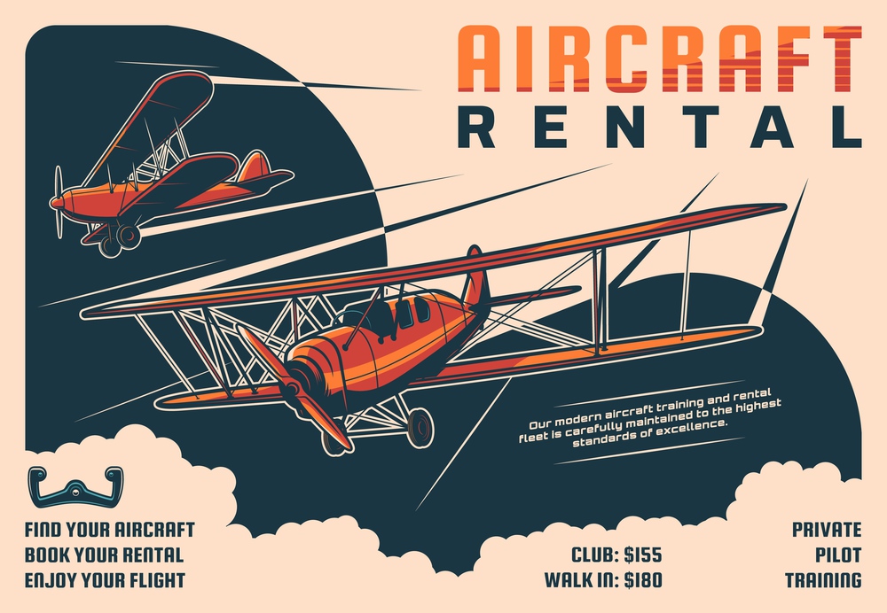 Rental aircraft tours, private pilot school retro poster. Historical propeller airplanes, flying in clouds vintage biplanes engraved vector. Aviation club, flying instructor classes promotion banner. Rental aircraft tours, private pilot retro poster