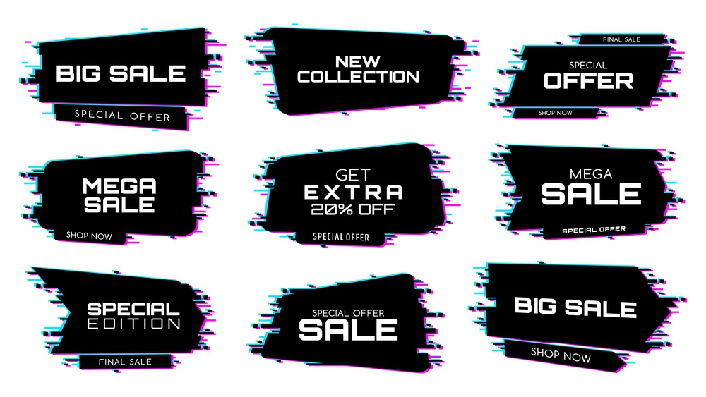 Sale labels with glitch effect, vector icons for special edition mega sale. New collection, special offer discount for black friday price off promotion isolated on white background, glitch banners. Sale labels with glitch effect, vector icons