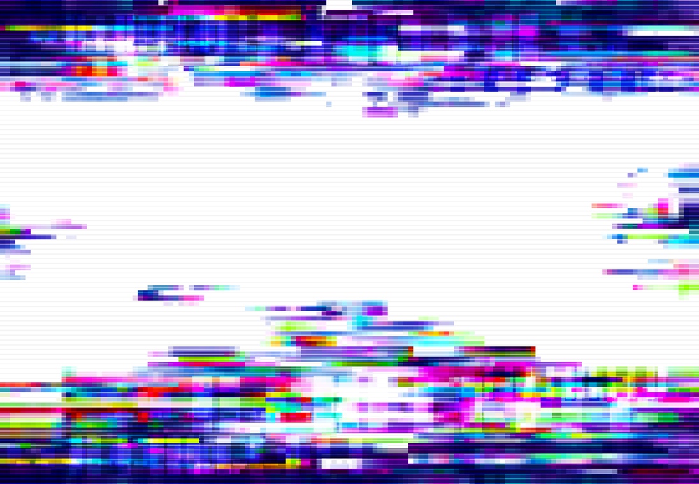 Glitch pixels vector abstract background, distorted glitched colored and neon glowing frame with random pixels. Television distortion with glitch effect, error, no signal tv screen border or backdrop. Glitch pixels vector abstract distorted background