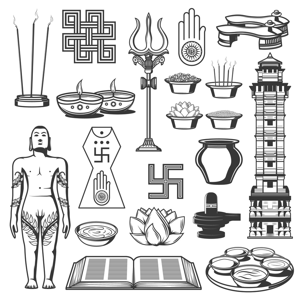 Jainism religion vector icons with Indian Jain Dharma religious symbols. Ahimsa and swastika in Jain Prateek Chihna, kalash, shrivatsa, paduka and agama book, diya lamps, lotus flower and trishula. Jainism religion, Jain Dharma icons and symbols