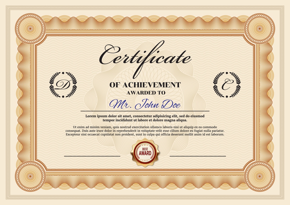 Business achievement certificate vector template. Personal award, graduation certificate or qualification testimonial document with ornamental frame or security swirl pattern, gold seal. Achievement certificate or diploma, vector