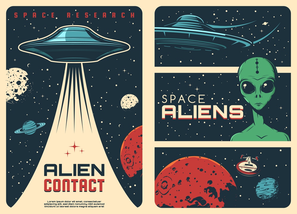 Alien spaceship, extraterrestrial UFO life retro posters. Humanoid alien with green skin and big eyes, flying saucer and fantasy spaceship in outer space, Mars and Saturn planets, Moon vector. Alien contact, UFO spaceship vintage banners
