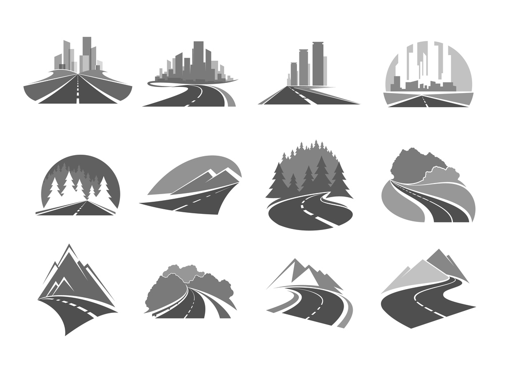 Road icons, highway to city, forest and mountains, way and traffic route, vector icons. Road signs of travel, tourism and highway construction service, transport pathway drive and cityscape. Road highway icons. City, forest and mountains