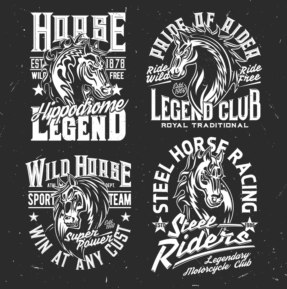 T-shirt prints with horse stallion heads, equestrian sport, racing club. Vector mascot. Mare monochrome horse and typography on black grunge background. Riding sport t-shirt prints. T-shirt prints horse. stallion. Equestrian sport