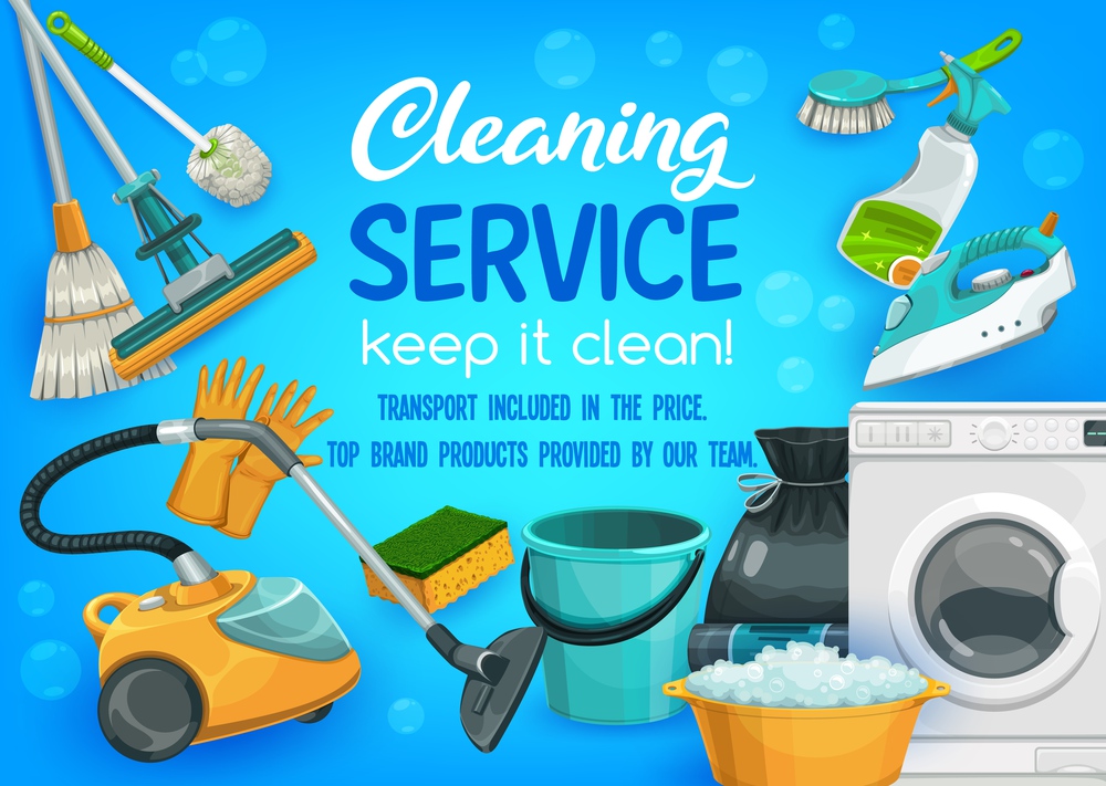Cleaning and laundry service vector house supplies. Housework tools washing machine, floor mop, broom or toilet brush. Vacuum cleaner, gloves or iron with trash sack, basin and bucket. Cleaning and laundry service supplies