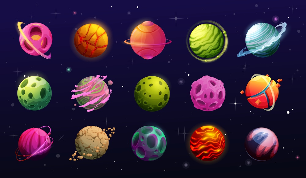 Space planets, cartoon fantasy alien galaxy. Game, ui or gui interface elements. Fantastic world universe planets, asteroids and halo on orbits, craters, rings and magma on sky with stars, meteors. Space planets, cartoon fantasy alien galaxy