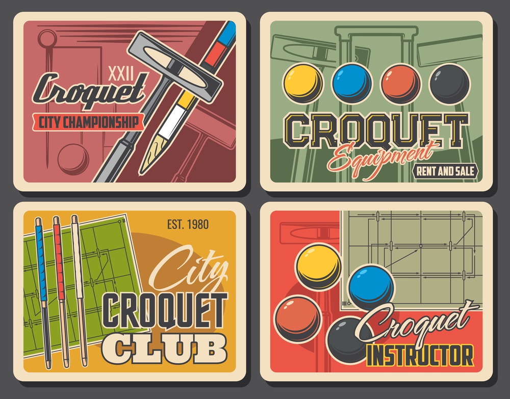Croquet club sport retro vector posters. Ball, sticks equipment and player bats. Croquet tournament or championship game, instructor training and players equipment. Croquet club sport equipment posters