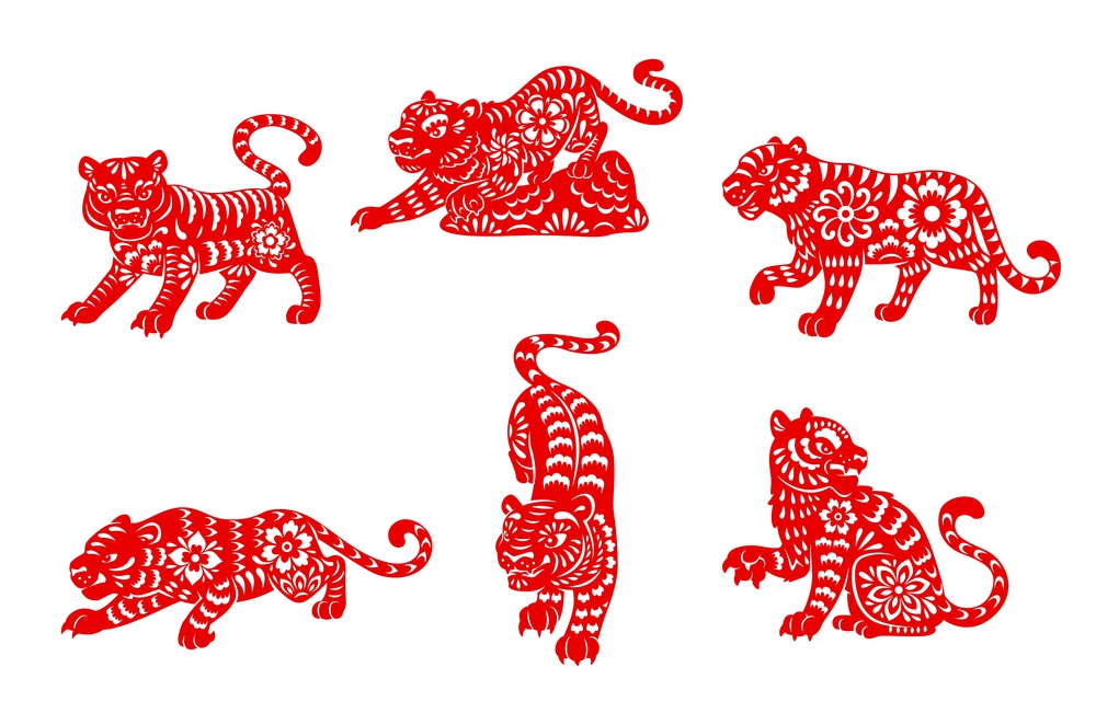 Zodiac tiger animal papercut vector icons of Chinese horoscope. Red papercut horoscope symbols of wild tigers , decorated with oriental paper ornaments, Lunar calendar and astrology signs. Zodiac tiger animal icons, Chinese zodiac signs