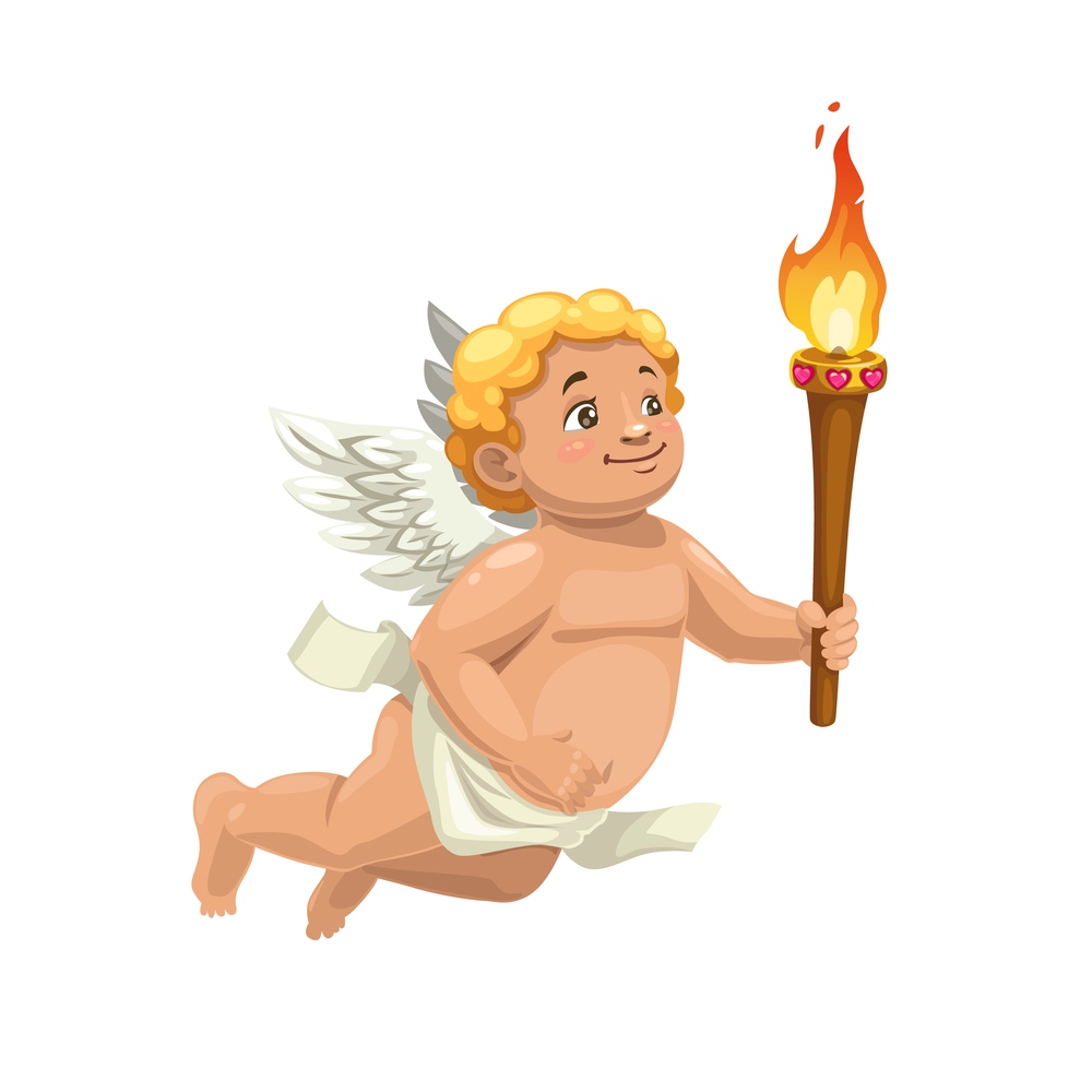 Cupid character with torch and wings, Valentine Days vector angel. Flying Amur carrying a torch with fire flames of love, cartoon Cherub for romantic holiday greeting card design. Cupid character with torch, Valentines Day angel