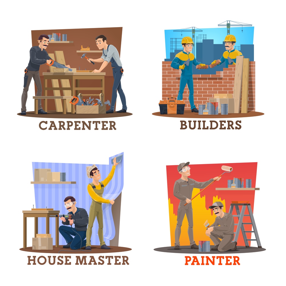 Construction industry workers. Carpenters in workshop, bricklayers laying a wall, painter worker and wallpapering, furniture assembler. House repair and apartment renovation. Carpenters, builders and painters. Construction
