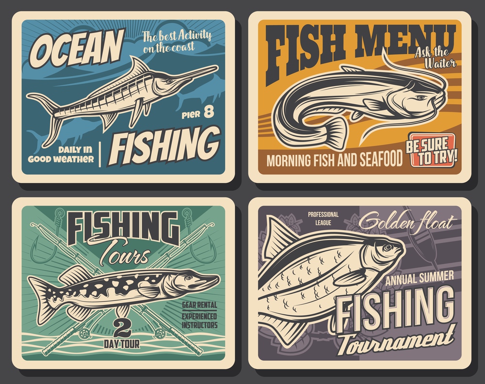 Fishing sport tackle, fish and seafood vector posters of fisherman competition. Ocean blue marlin, bass or carp, river pike and catfish, fishing rods, hooks, spinning reel and lure, bait and floats. Fishing sport tackle, fish and seafood