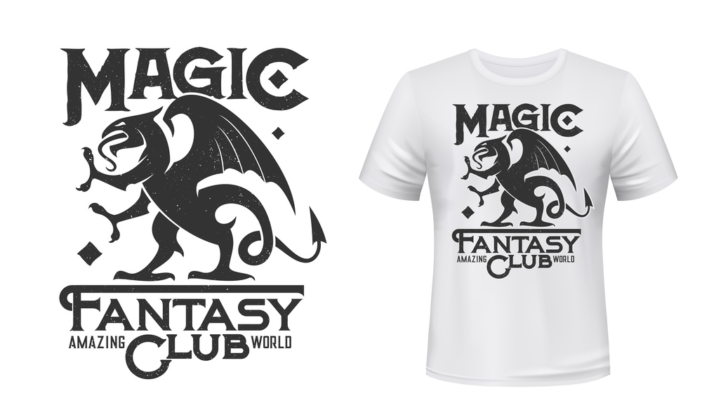 Dragon or griffin t-shirt print mockup, fantasy club vector emblem. Gothic griffin or gryphon dragon with wings and claws, computer video games or fantasy fan club badge for t-shirt print. Dragon or griffin t-shirt print mockup