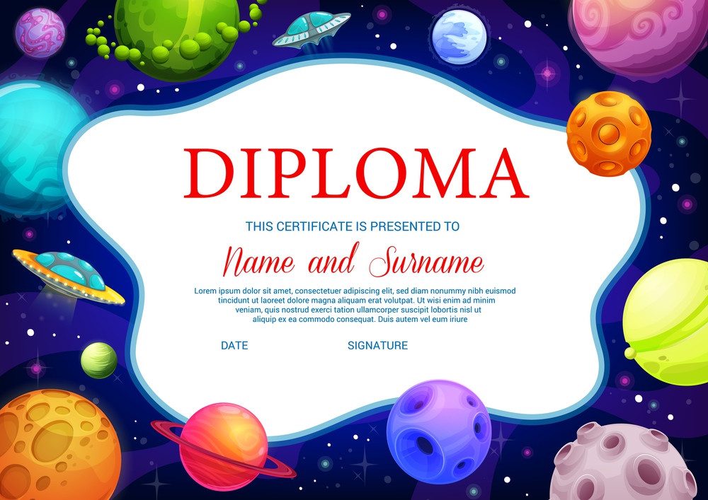 Education school diploma, vector ufo and fantasy cartoon space planets. Kindergarten certificate with futuristic galaxy world. Kids cosmic design with alien saucers, achievement award frame. Education school diploma fantasy space planets