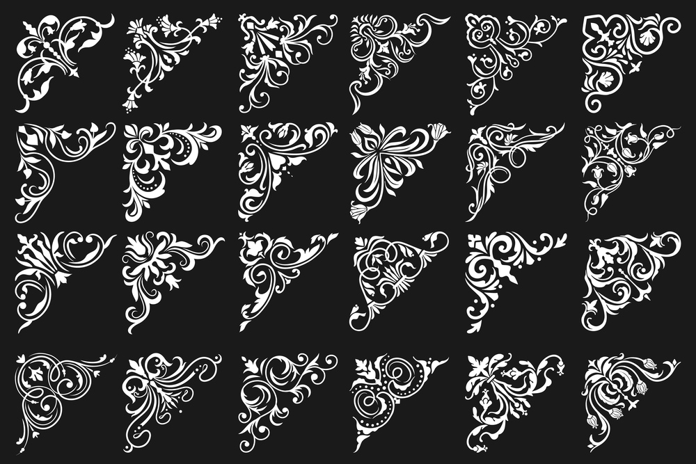 Floral corners and frame borders, vintage ornament and ornate victorian embellishments, Floral corners decoration and filigree flourish swirls, black and white floral adornments. Floral corners, ornate frames and flower borders