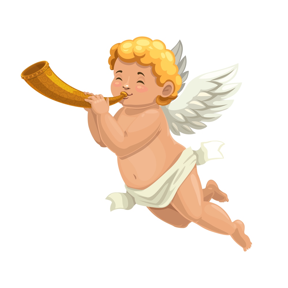 Cupid angel or Amur cartoon character blowing horn. Vector Valentines Day Cherub or Cupid angel playing a love song music, romantic holiday greeting card or wedding party invitation character. Cupid angel or Amur character blowing horn
