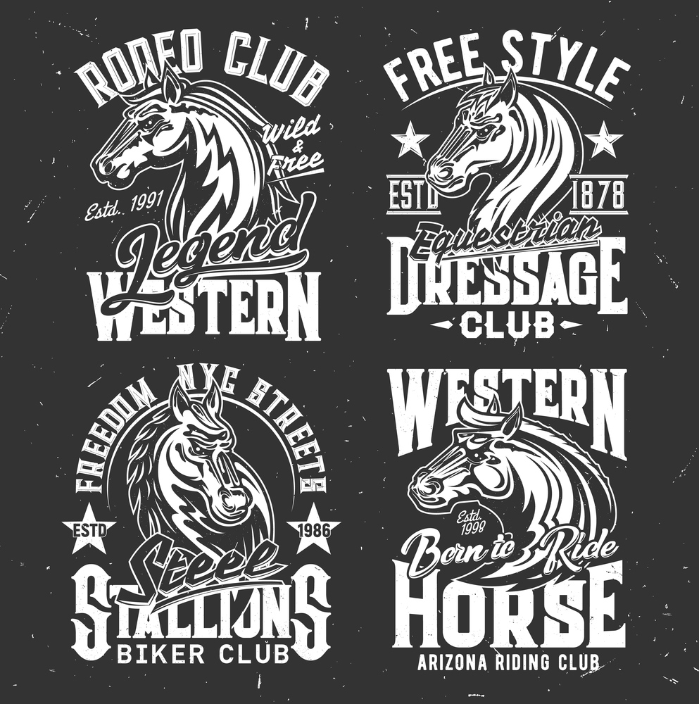 T-shirt prints with horse stallion heads, racing sport, equestrian and biker club vector mascot. Mare animal, monochrome horse and typography on black background. Bronco sports team t shirt prints. T-shirt prints of horse stallion. Equestrian sport