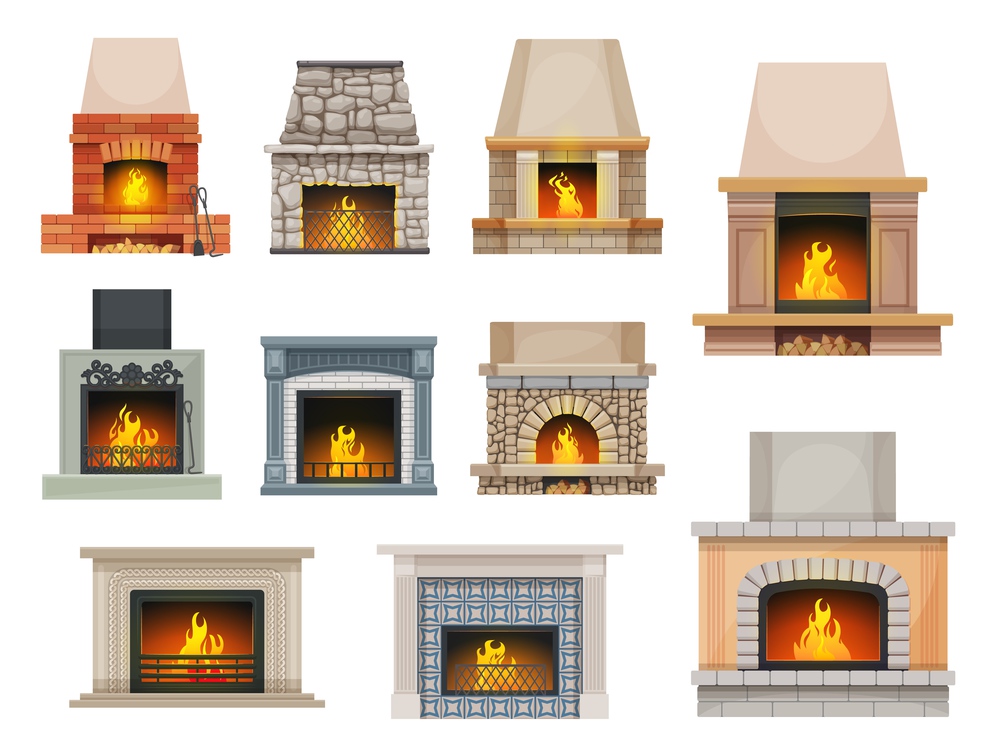 House fireplace with firewood flames. Home open cartoon vector hearth fireplaces made of bricks, stone and decorated ceramic tiles mantel, metal grates, poker and shove, wood chunks. House fireplace, hearth with firewood flames