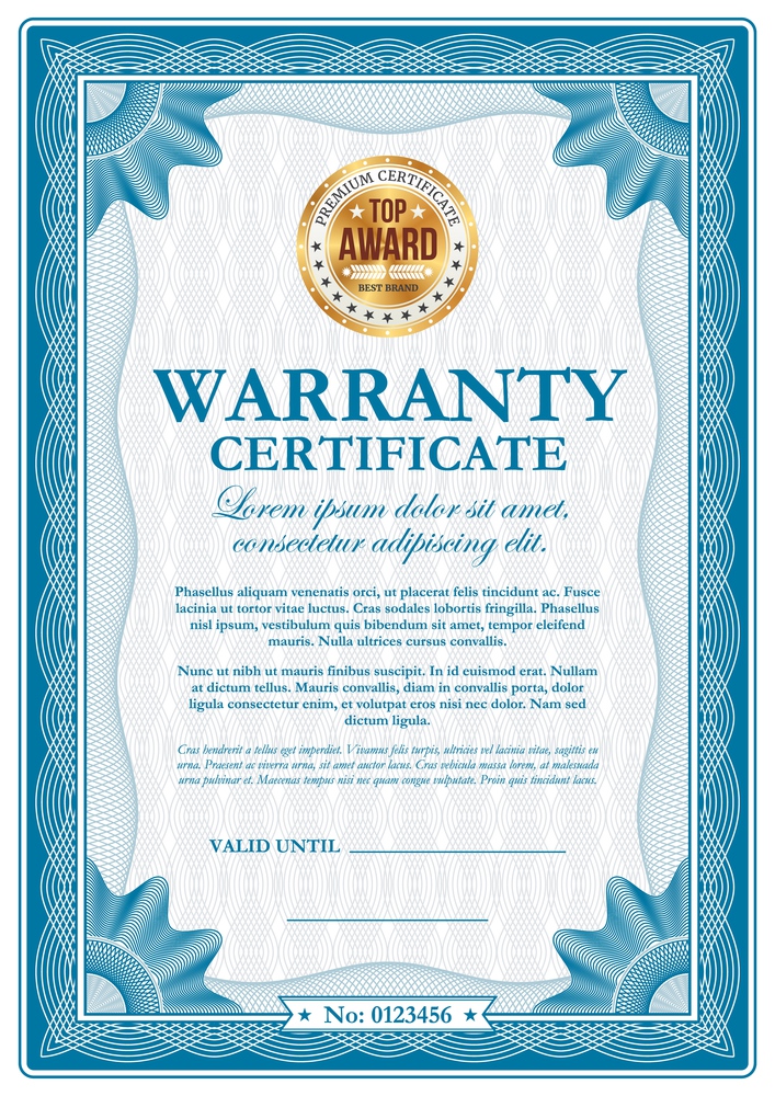 Warranty certificate with guilloches, vector wavy ornamental border. Official top award frame with golden stamp and place for valid date and signature. Paper document for company appreciation. Warranty certificate with guilloches, vector