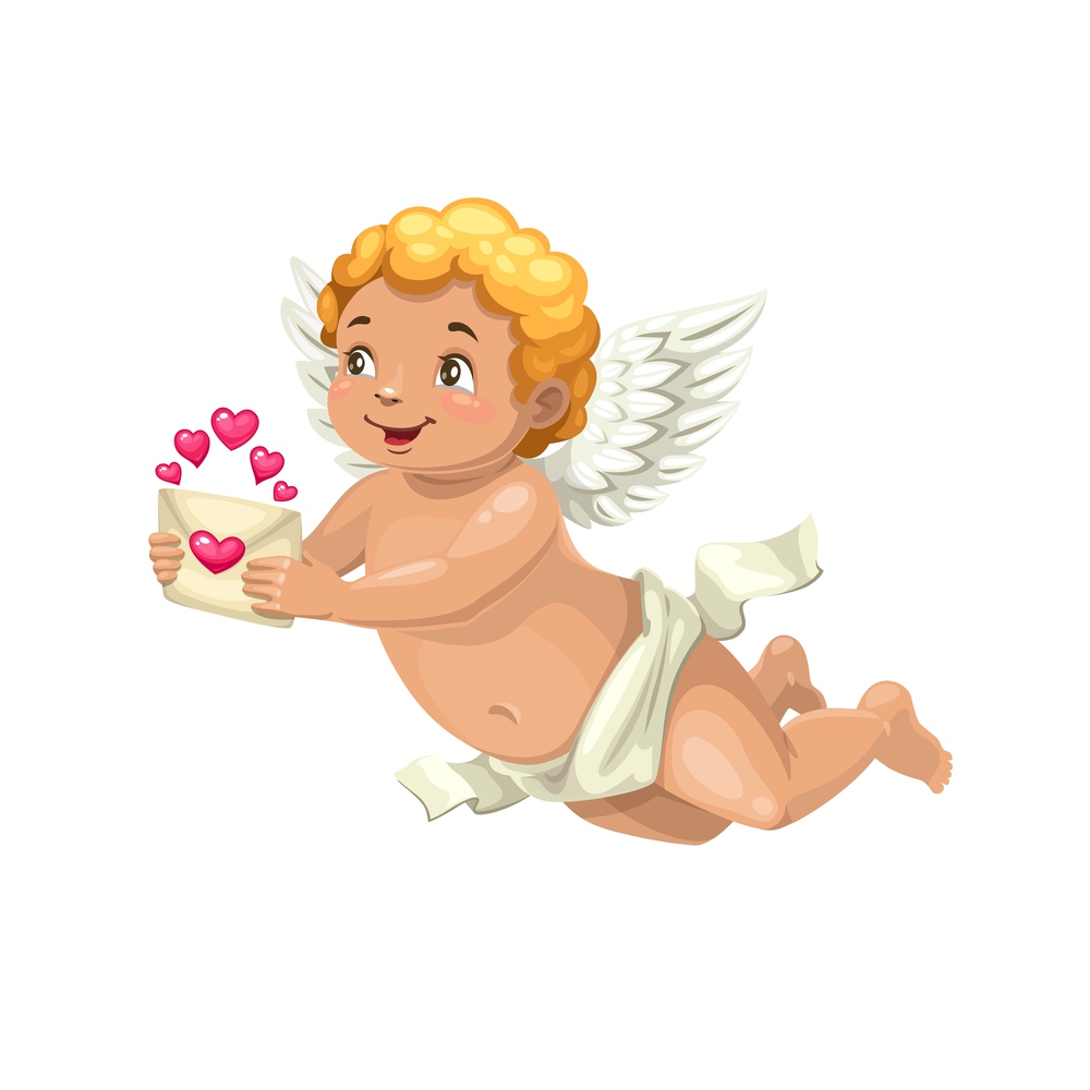 Cupid with love letter vector character, cartoon angel of Valentines Day. Amur or Cherub with romantic message in envelope with red hearts, 14 February Valentines Day holiday greeting card object. Cupid with love letter, angel of Valentines Day