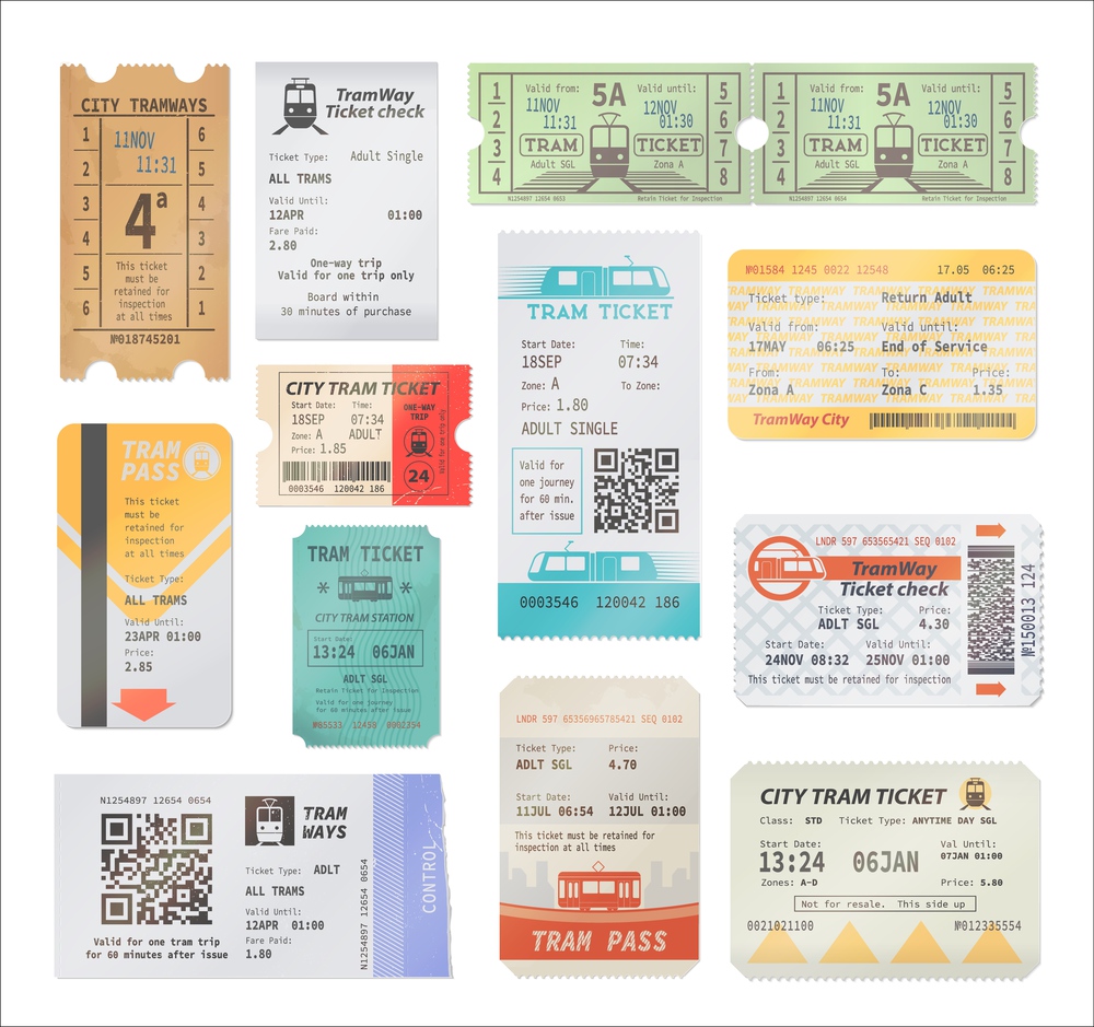 Vintage and modern tram tickets with qr code, isolated vector objects. Transportation retro and modern pass cards, trip paper coupons. Boarding tram admits with date, city transport access. Vintage and modern tram tickets, vector qr code