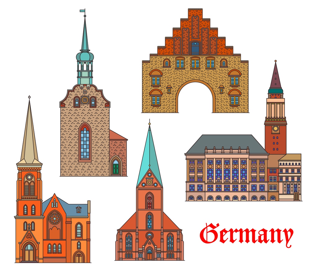 Germany landmarks, architecture buildings, vector German city cathedrals and churches. St Nikolai kirche and rathaus in Kiel, Heiliggeistkirche and Marienkirche church, Nordertor gate in Flensburg. Germany landmarks architecture in Kiel, Flensburg