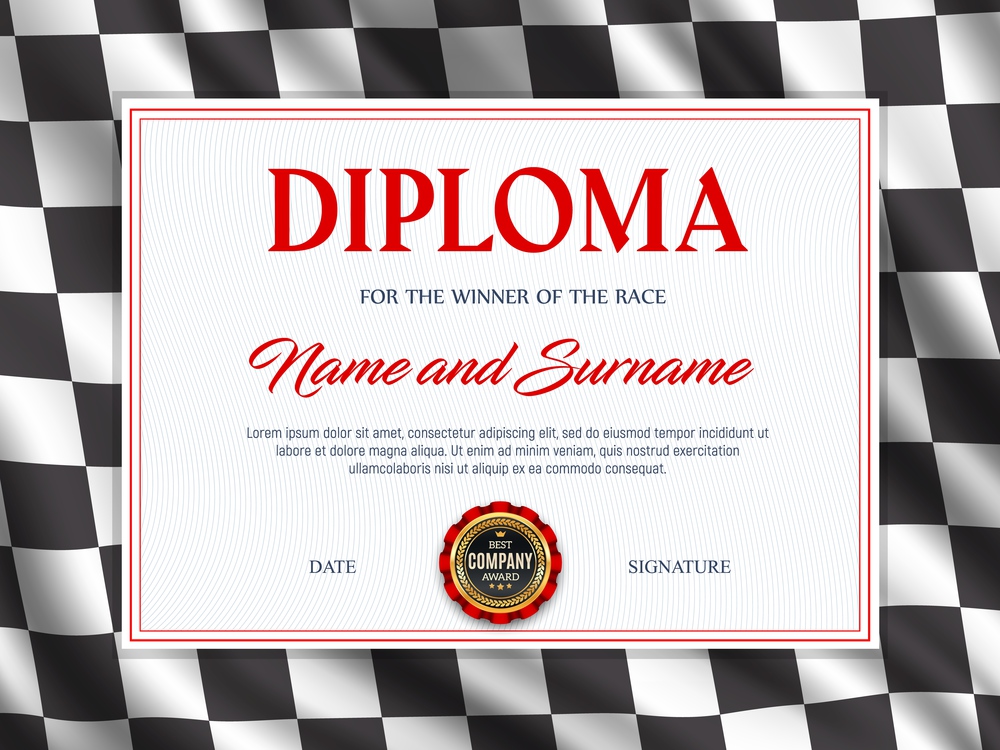 Diploma certificate race sport winner, vector template. Racing checkered flag background frame. Achievement certificate, first place award of car, kart, motorcycle racing, motocross and rally. Diploma certificate race sport winner