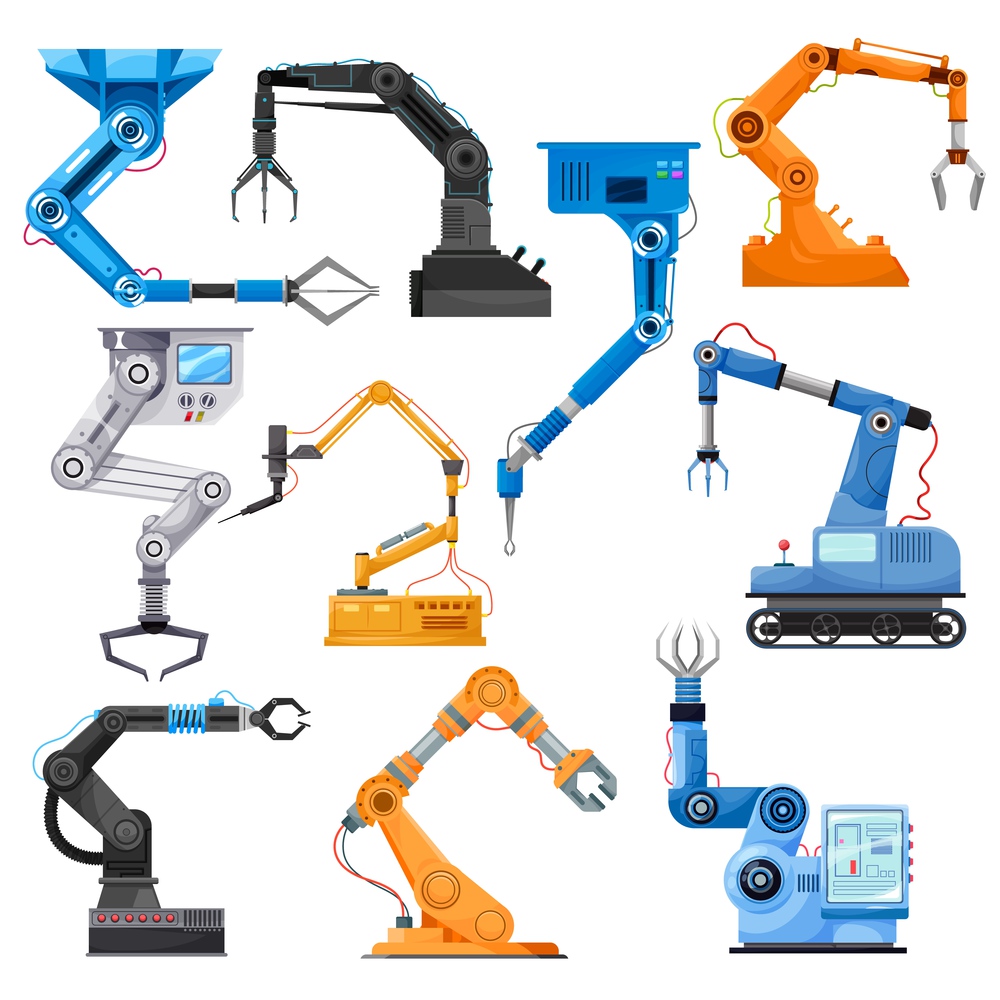 Industrial robotic arms of robot manipulator, vector. Manufacturing automation technology. Industrial articulated robots with rotary joints and mechanical hands with laser and welding torch. Industrial robotic arms of robot manipulator