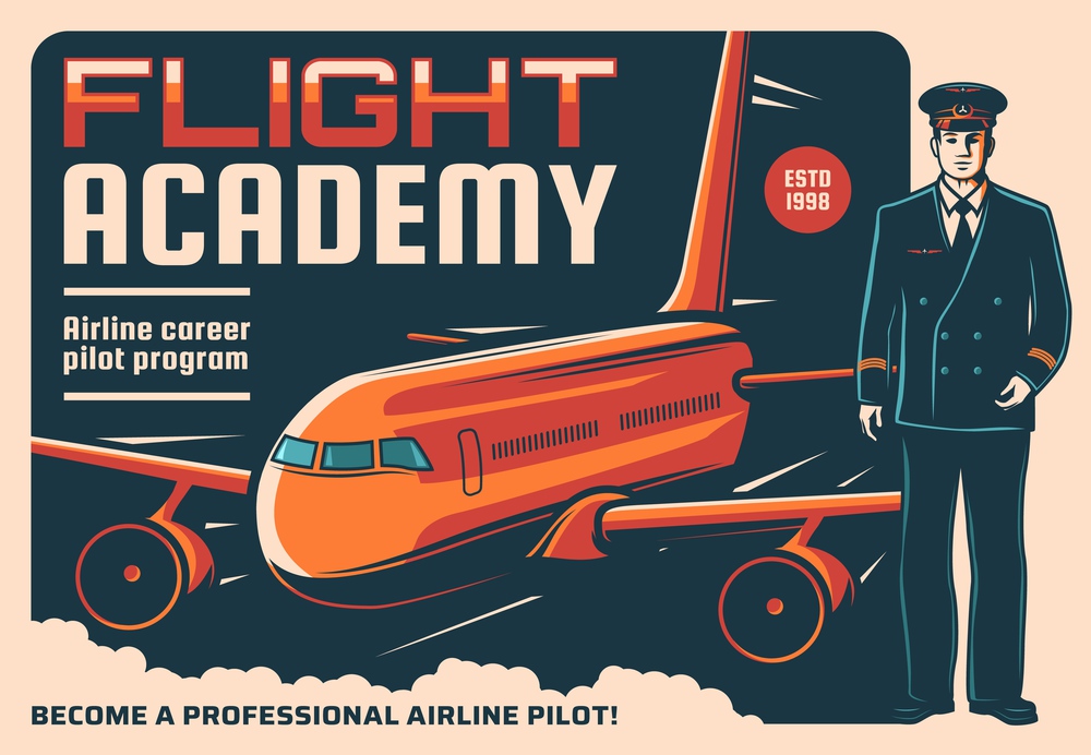 Pilot and airplane retro poster of vector aircraft staff, aviation, air travel and flight academy. Captain of passenger airline plane in blue uniform and cap with airplane on background. Pilot and airplane, aircraft staff and aviation