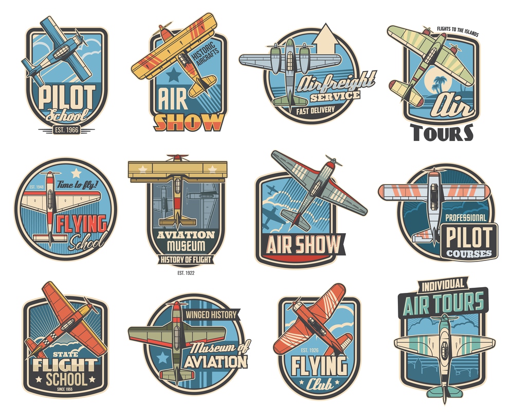 Pilot school and aviation show icons. Air travel tours, historical aircraft museum and airfreight service emblem or badge. Vintage propeller biplane and monoplane, flying retro vector airplane. Pilot school and aviation show vector icons