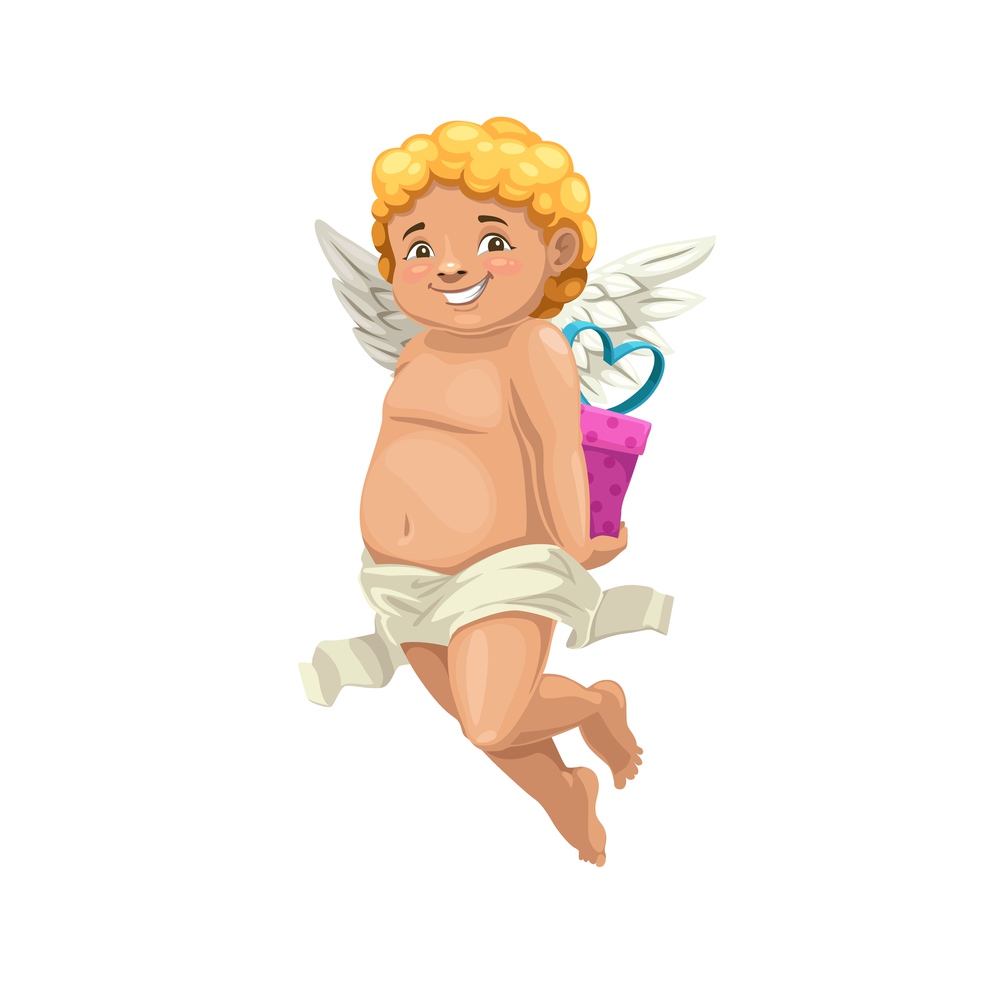 Cupid or Amur angel with surprise gift box vector design of Valentine Day or wedding card. Cartoon smiling Cherub, Amour or Eros character hiding box of romantic love present behind back. Cupid or Amur angel with surprise gift box