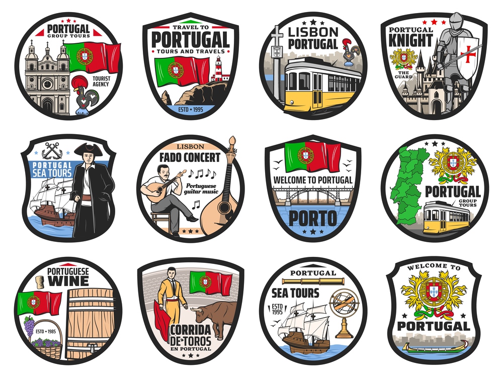 Portugal travel and landmark vector icons. Lisbon, Portuguese map and flag, tram and food, landmark buildings and culture, rooster symbol and Porto sea tours, Sintra city and music symbols. Portugal travel and landmark vector icons