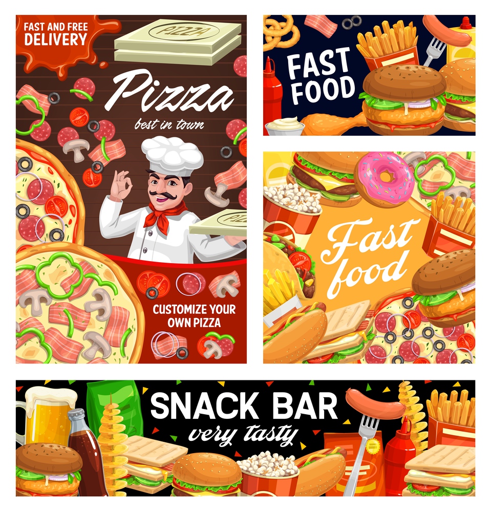 Fast food burgers, sandwiches, pizza and hot dog menu, vector banners, posters. Fastfood snacks bar and pizzeria delivery, popcorn and Mexican tacos with donuts deserts, soda and coffee drinks. Fast food burgers, sandwiches, pizza and hot dog