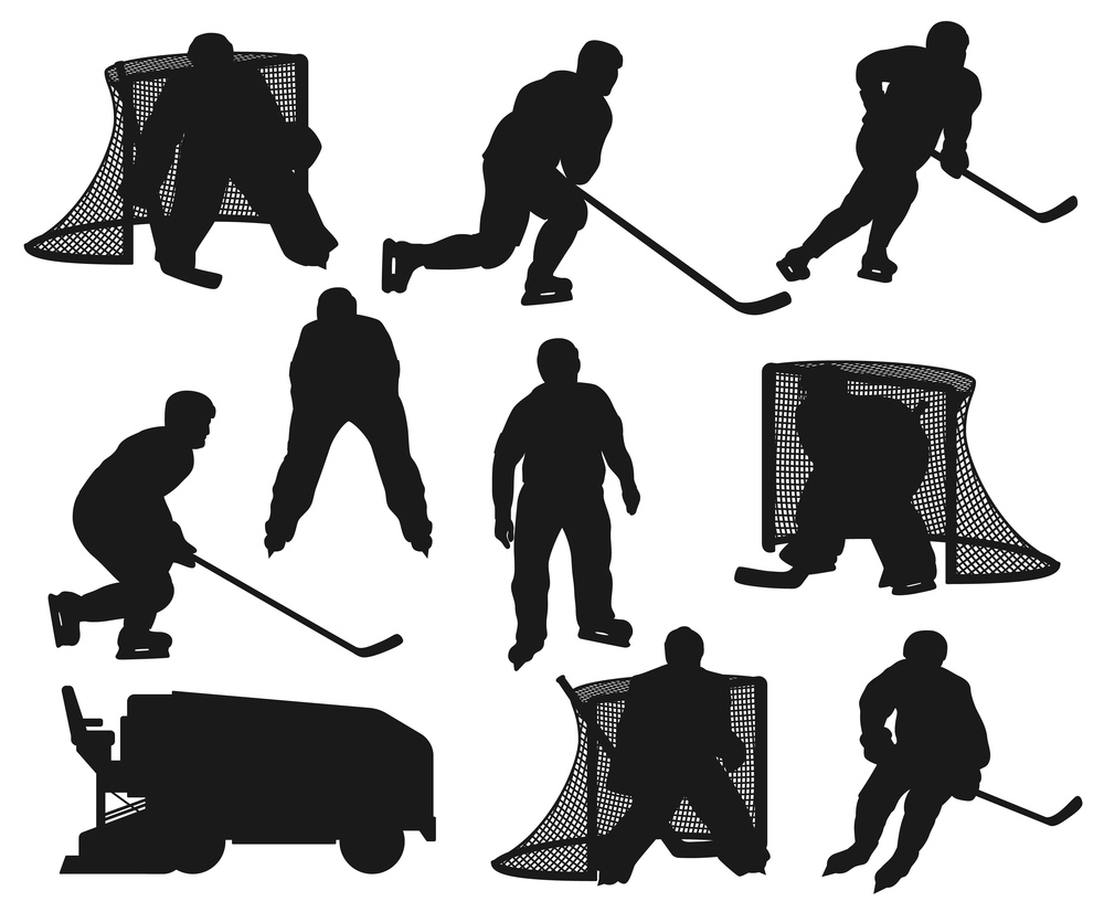 Ice hockey players black silhouettes. Vector sportsmen goalkeeper, referee and ice machine on rink arena. Isolated forward, winger and defenseman team players with puck and stick at goal gates. Ice hockey players black silhouettes