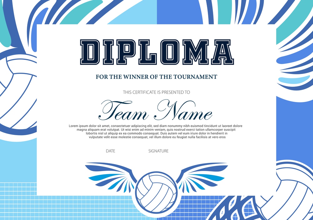 Certificate for volleyball tournament winner. Sports club diploma vector template. Sport award and achievement border design with winged ball and net. School league or beach volleyball competition. Certificate for volleyball tournament winner