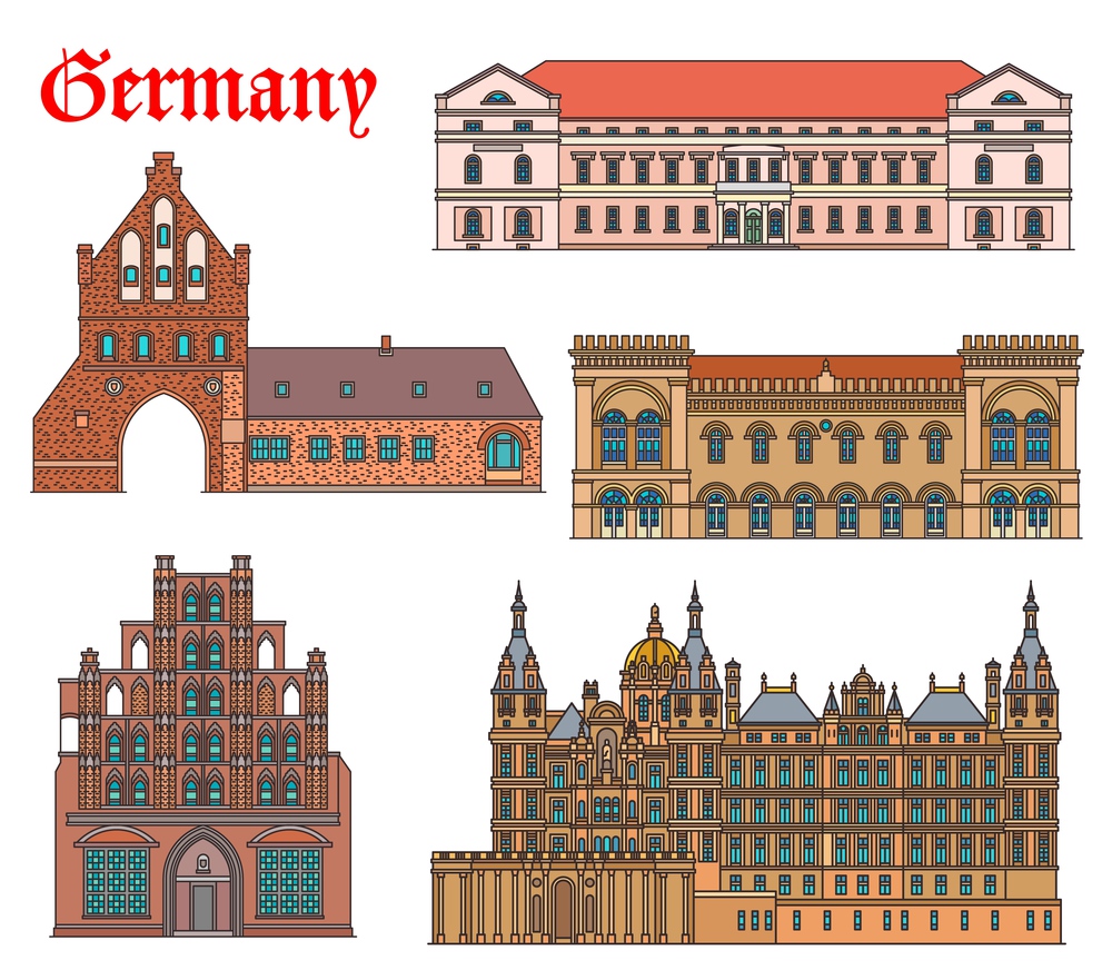 Germany landmarks architecture, buildings church and cathedral in Schwerin and Wismar, vector. German city landmarks of rathaus town hall, castle schloss and wassertor watergate, gothic Alter Schwede. Germany landmarks architecture in Schwerin, Wismar