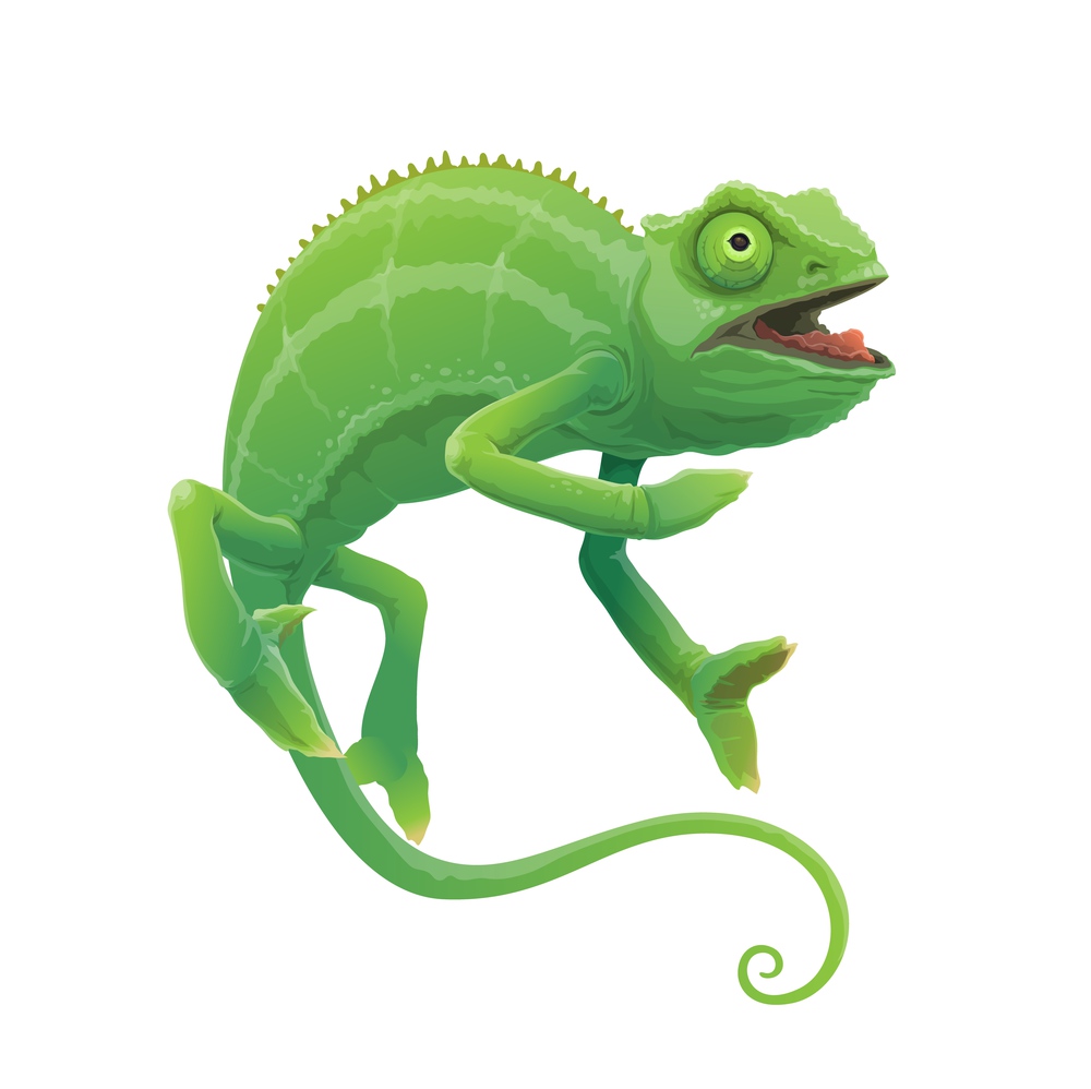 Chameleon cartoon vector green lizard animal character. Tropical jungle reptile hunting prey with open mouth, sticky tongue and prehensile tail, Madagascar chameleon zoo mascot or symbol. Chameleon cartoon vector green lizard animal