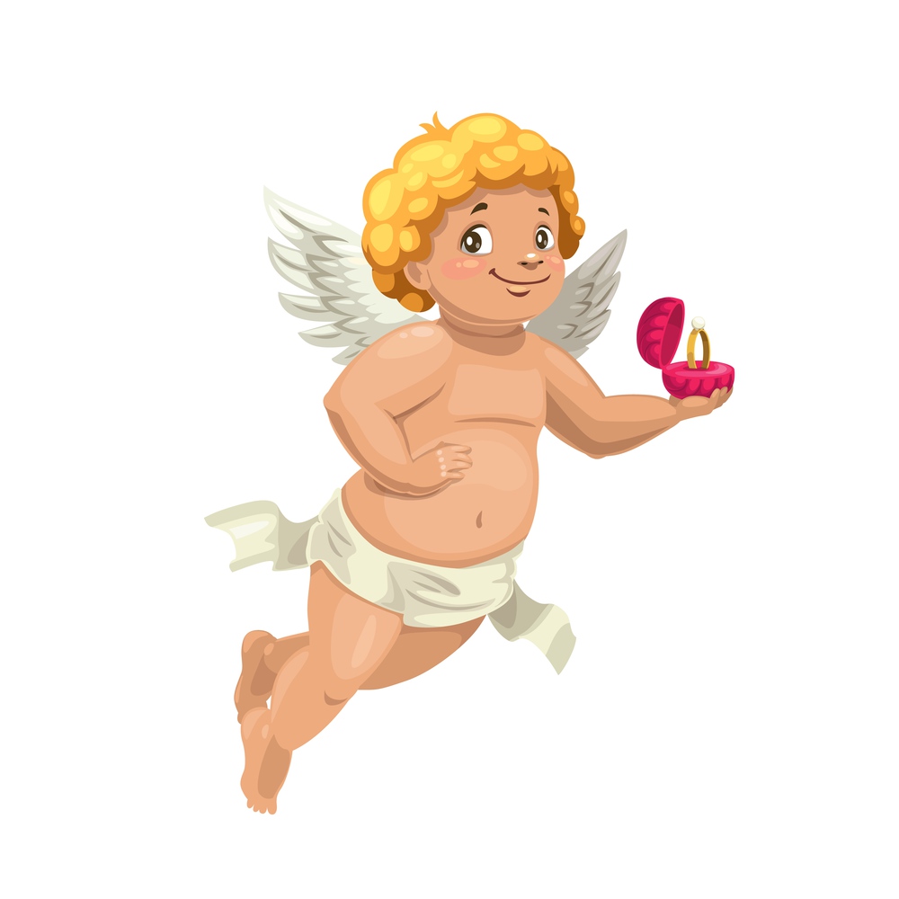 Cupid angel with engagement ring, vector wedding character. Cartoon Amur or Cherub character with white angel wings and diamond ring, romantic holiday greeting design. Cupid angel with engagement ring