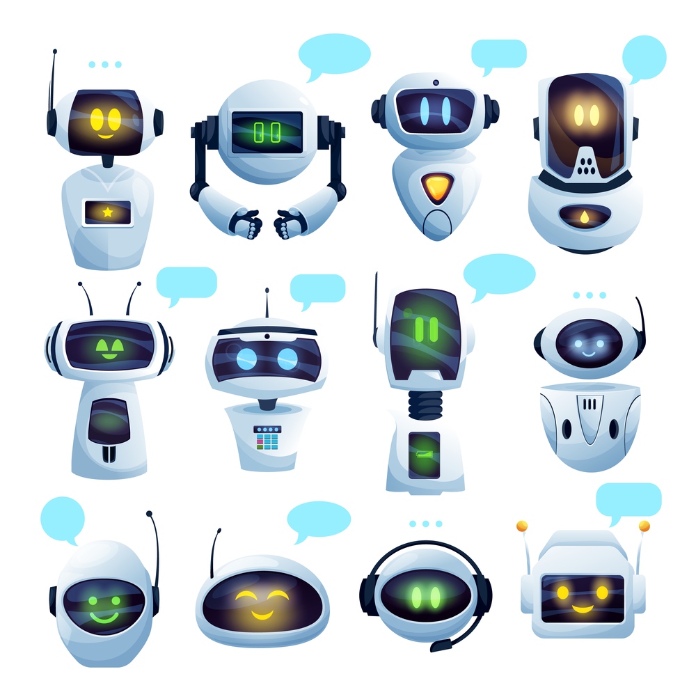 Chat bot or chatbot robot cartoon characters with vector speech bubbles. Ai robots of virtual customer support service and artificial intelligence online assistants with faces, microphones, antennas. Chat bot or chatbot robot cartoon characters