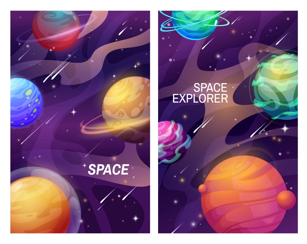Space and galaxy universe cartoon planets, vector banners of space. Fantasy alien planets and stars in dark sky with falling comets, meteors and asteroids, satellites, orbit rings and halo. Space and galaxy universe planets, cartoon banners