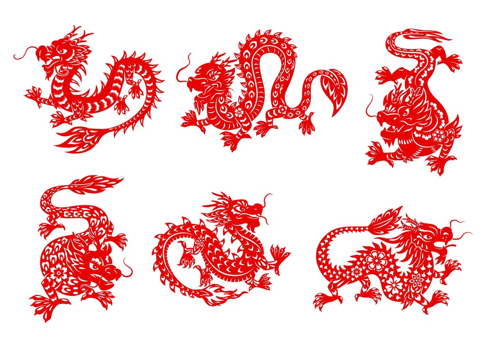 Asian zodiac horoscope dragon vector papercuts. Red dragon animal isolated horoscope symbols with Asian paper cut ornaments of flowers, fire flames and clouds, oriental astrology. Zodiac horoscope dragon papercut animals