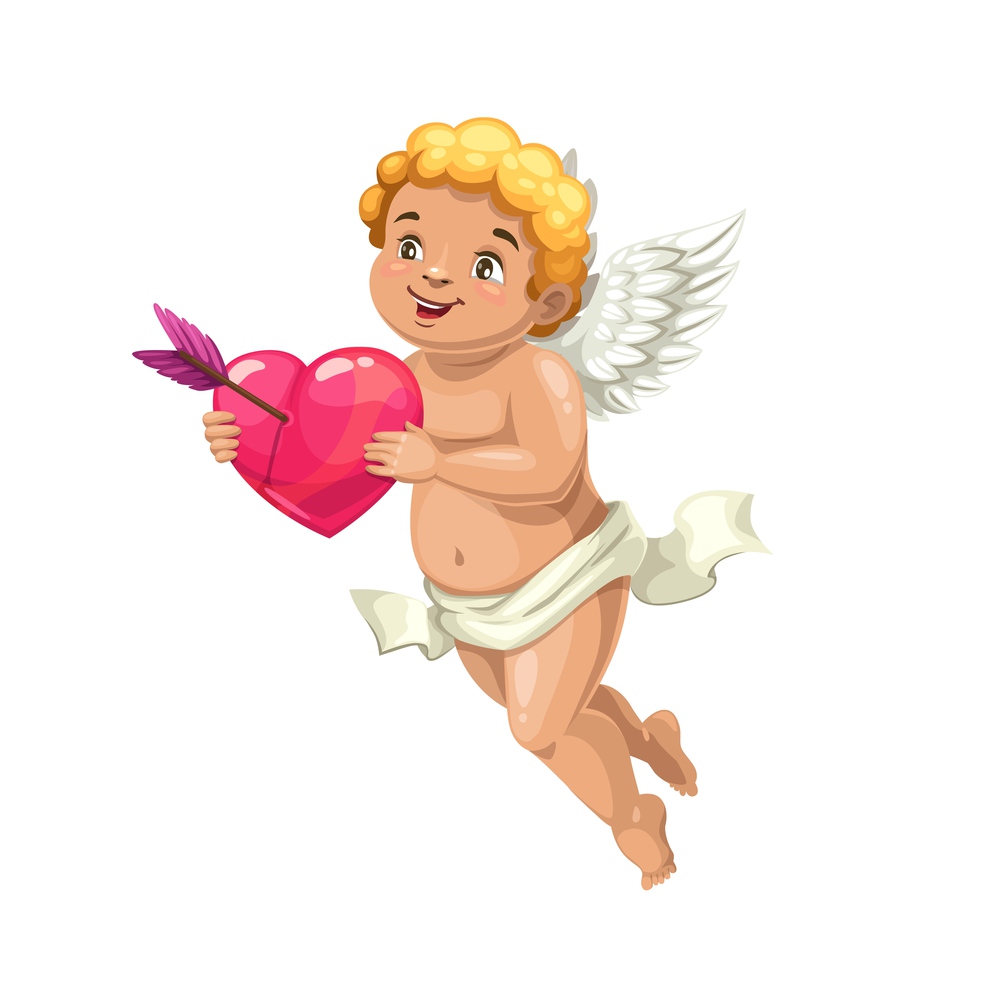Cupid angel with heart and love arrow, vector. Valentines Day romantic holiday flying Amur or Cherub cartoon character with pierced heart, white angel wings and cute smiling face. Cupid angel with heart and love arrow