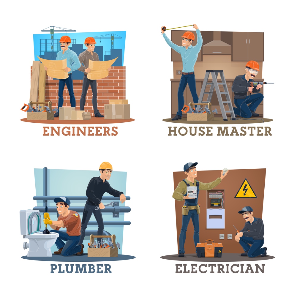Construction engineer, electrician, plumber vector workers. Building architects with blueprint construction plane , plumbers unclogging sink and repairing pipe, electrician installing an energy meter. Construction engineer, electrician, plumber worker